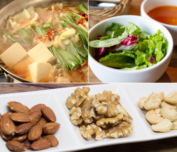 豆腐、野菜、ナッツ類には食物繊維が豊富