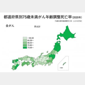 都道府県別75歳未満がん年齢調整死亡率（2020年）